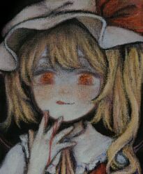 Rule 34 | 1girl, absurdres, blonde hair, blood, blood on hands, flandre scarlet, hat, highres, licking lips, looking at viewer, medium hair, mob cap, red eyes, side ponytail, solo, svveetberry, tongue, tongue out, touhou, upper body