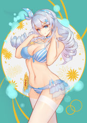 Rule 34 | 1girl, arched back, bare arms, bare shoulders, bikini, bikini skirt, blue background, blue bikini, blue choker, blue eyes, blue hairband, breasts, chinese commentary, choker, cleavage, closed mouth, collarbone, commentary request, drill hair, earrings, floral background, flower, front-tie bikini top, front-tie top, groin, hair ornament, hairband, hairclip, halterneck, hand in own hair, hands up, head tilt, highres, honkai (series), honkai impact 3rd, jewelry, kiana kaslana, large breasts, liu lan, long hair, looking at viewer, navel, polka dot, polka dot choker, polka dot hairband, see-through, shiny skin, sidelocks, silver hair, smile, solo, standing, star (symbol), star hair ornament, stomach, striped bikini, striped clothes, sunflower, swimsuit, thighhighs, twin drills, twintails, white thighhighs, yellow flower