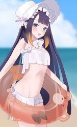 Rule 34 | 1girl, abigail williams (fate), abigail williams (swimsuit foreigner) (fate), abigail williams (swimsuit foreigner) (fate) (cosplay), abigail williams (swimsuit foreigner) (third ascension) (fate), absurdres, blue sky, blunt bangs, blush, cloud, cloudy sky, cosplay, fate/grand order, fate (series), flat chest, hat, highres, hololive, hololive english, innertube, long hair, looking at viewer, me0i, mole, mole under eye, navel, ninomae ina&#039;nis, ocean, open mouth, outdoors, pleated skirt, purple eyes, purple hair, skirt, sky, smile, solo, swim ring, swimsuit, virtual youtuber, water