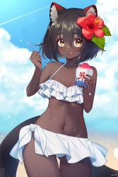 Rule 34 | 1girl, :q, absurdres, animal ear fluff, animal ears, bikini, black hair, blue sky, closed mouth, cloud, collarbone, commentary request, contrail, cowboy shot, cup, dark-skinned female, dark skin, day, disposable cup, flower, food, frilled bikini, frills, glint, gluteal fold, hair between eyes, hair flower, hair ornament, hands up, hibiscus, highres, holding, holding cup, holding spoon, ice cream cup, indie virtual youtuber, leaf hair ornament, looking at viewer, navel, outdoors, red flower, sakura chiyo (konachi000), sakuraba chiyo, sarong, shaved ice, short hair, signature, sky, solo, sparkle, spoon, sweat, swimsuit, tongue, tongue out, very dark skin, virtual youtuber, white bikini, white sarong, yellow eyes
