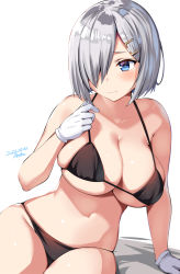 Rule 34 | 1girl, artist name, banned artist, belko, bikini, black bikini, blue eyes, blush, breasts, cleavage, closed mouth, collarbone, dated, gloves, grey hair, hair ornament, hair over one eye, hairclip, hamakaze (kancolle), highres, kantai collection, large breasts, navel, short hair, signature, simple background, solo, swimsuit, white background, white gloves