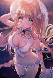 Rule 34 | 1girl, absurdres, animal ear fluff, animal ears, arm at side, arm behind head, arm garter, arm up, bag, bare shoulders, bikini, blonde hair, blush, braid, breasts, bridal garter, cleavage, cokecoco, commentary request, cowboy shot, criss-cross halter, frilled bikini, frills, front-tie bikini top, front-tie top, green eyes, halterneck, hand on headwear, hat, highres, holding, holding bag, long hair, looking at viewer, medium breasts, navel, original, parted lips, signature, solo, standing, stomach, swimsuit, very long hair, white bikini, white hat