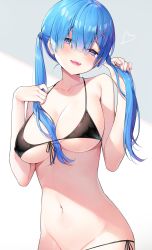 Rule 34 | 1girl, :d, areola slip, ayamy, bikini, black bikini, blue eyes, blue hair, breasts, cleavage, covered erect nipples, front-tie bikini top, front-tie top, groin, hair ornament, hairclip, halterneck, highres, holding, holding own hair, large breasts, long hair, looking at viewer, navel, open mouth, re:zero kara hajimeru isekai seikatsu, rem (re:zero), side-tie bikini bottom, simple background, smile, solo, stomach, string bikini, swimsuit, twintails, white background, x hair ornament