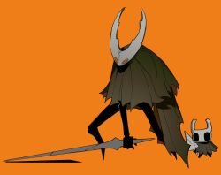 Rule 34 | 2others, black skin, brown cloak, cloak, colored skin, full body, green cloak, highres, holding, holding sword, holding weapon, hollow eyes, hollow knight, hollow knight (character), horns, knight (hollow knight), korean commentary, looking at viewer, multiple others, nail (hollow knight), orange background, orange eyes, sasi mozzi1, simple background, size difference, standing, sword, weapon