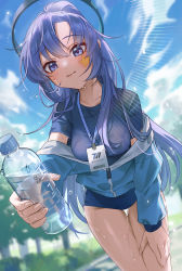 Rule 34 | 1girl, blue archive, blue eyes, blue hair, blurry, blurry background, bottle, breasts, buruma, day, halo, highres, id card, jacket, jyuma, leaning forward, long hair, looking at viewer, medium breasts, off shoulder, outdoors, partially unzipped, ponytail, smile, solo, star sticker, sticker on face, sweat, thigh gap, track jacket, water bottle, yuuka (blue archive), yuuka (track) (blue archive)