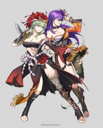 Rule 34 | 2girls, absurdres, alternate costume, bandages, bandeau, black choker, black kimono, black sash, breasts, byleth (female) (fire emblem), byleth (fire emblem), chest sarashi, choker, cleavage, clenched teeth, commentary, dagger, dual wielding, english commentary, fire emblem, fire emblem: three houses, fire emblem heroes, fire emblem warriors: three hopes, full body, green eyes, green hair, grey background, hair over one eye, highres, holding, holding dagger, holding knife, holding weapon, japanese clothes, kimono, knife, large breasts, leg tattoo, long hair, midriff, multiple girls, navel, nintendo, obi, orange kimono, purple eyes, purple hair, sarashi, sash, shez (female) (fire emblem), shez (fire emblem), silvercandy gum, simple background, standing, stomach, strapless, tattoo, teeth, thighs, tube top, weapon