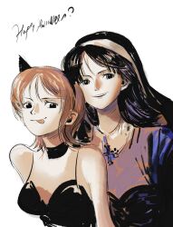 Rule 34 | 2girls, animal ears, black dress, black eyes, black hair, cat ears, choker, commentary, dress, english commentary, fake animal ears, halloween, highres, linerynlasgalen, looking at viewer, medium hair, multiple girls, nami (one piece), nico robin, nun, one piece, orange hair, short hair, sidelocks, simple background, smile, tongue, tongue out, white background