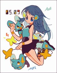 Rule 34 | 1girl, :3, animal ears, animal hands, artist name, auko, bare shoulders, black skirt, blue eyes, blue footwear, blue hair, blue shirt, breasts, creatures (company), dated, fang, feet, female focus, from side, full body, game freak, gen 4 pokemon, hair ornament, hairclip, hands up, happy, lightning bolt symbol, looking down, looking up, nintendo, one eye closed, open mouth, personification, pleated skirt, pokemon, pokemon (creature), pokemon dppt, shinx, shirt, shoes, signature, simple background, skirt, sleeveless, sleeveless shirt, small breasts, smile, socks, striped legwear, tail, teeth, text focus, white background, wristband, yellow eyes