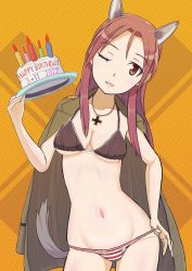 Rule 34 | 1girl, animal ears, bikini, birthday, birthday cake, blush, breasts, cake, collarbone, dog ears, dog tail, food, hand on own hip, heart, heart-shaped pupils, highres, jewelry, keicha (kmoekaki), large breasts, long hair, military, military uniform, minna-dietlinde wilcke, necklace, one eye closed, open mouth, red eyes, red hair, shiny skin, smile, solo, strike witches, swimsuit, symbol-shaped pupils, tail, uniform, world witches series