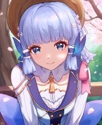 Rule 34 | 1girl, ayaka (genshin impact), back bow, bench, blue bow, blue dress, blue eyes, blue hair, blunt bangs, bow, braid, brown headwear, butterfly hair ornament, cherry blossoms, closed mouth, collar, commentary request, dress, facing viewer, genshin impact, hair ornament, hair up, highres, jiayv, kamisato ayaka, kamisato ayaka (springbloom missive), light blue hair, long sleeves, mole, mole under eye, official alternate costume, official alternate hairstyle, smile, solo, upper body, white collar