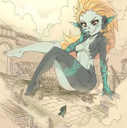 Rule 34 | 1girl, barefoot, black skin, breasts, colored sclera, colored skin, destruction, feet, giant, giantess, grin, highres, link, wolf link, long legs, maniacpaint, midna, multicolored skin, neon trim, nintendo, no headwear, no headwear, orange hair, pointy ears, red eyes, sitting, small breasts, smile, the legend of zelda, the legend of zelda: twilight princess, two-tone skin, white skin, yellow sclera