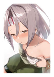 Rule 34 | 1girl, blush, border, breasts, brown eyes, brown hair, collarbone, commentary request, green hakama, hachimaki, hair between eyes, hakama, hakama shorts, half-closed eyes, headband, highres, japanese clothes, kantai collection, long hair, long sleeves, looking at viewer, off shoulder, parted lips, ponytail, sakieko, shorts, simple background, small breasts, solo, undressing, white background, zuihou (kancolle)