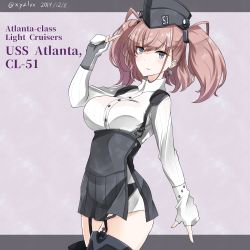 Rule 34 | 1girl, atlanta (kancolle), black hat, black thighhighs, blush, breasts, brown hair, character name, collared shirt, commentary request, dated, dress shirt, earrings, garrison cap, garter straps, gloves, grey eyes, grey skirt, hair between eyes, hand up, hat, hebitsukai-san, highres, index finger raised, jewelry, kantai collection, large breasts, long sleeves, looking at viewer, parted lips, partially fingerless gloves, pleated skirt, revision, shirt, skirt, solo, star (symbol), star earrings, suspender skirt, suspenders, thighhighs, twitter username, two side up, white gloves, white shirt