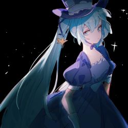 Rule 34 | 1girl, black background, blue dress, blue eyes, blue hair, blue hat, chinese commentary, closed mouth, commentary, dress, expressionless, hat, hatsune miku, indai (3330425), long hair, looking at viewer, magical mirai miku, magical mirai miku (2013), puffy short sleeves, puffy sleeves, short sleeves, sideways glance, simple background, solo, star (symbol), top hat, twintails, very long hair, vocaloid