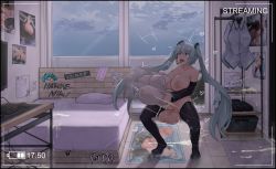 Rule 34 | aqua hair, artificial vagina, bed, breasts, cum, erection, futanari, hatsune miku, highres, huge breasts, huge penis, huge testicles, large breasts, masturbation, nipples, open mouth, penis, poster (object), sex doll, sex toy, sinensian, solo, testicles, uncensored, vocaloid