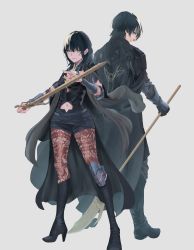 Rule 34 | 1boy, 1girl, absurdres, areadbhar (weapon), arm guards, armor, back-to-back, belt, black armor, black cape, black footwear, black gloves, black pants, black shirt, black shorts, blue eyes, blue hair, boots, breasts, brown pantyhose, byleth (female) (fire emblem), byleth (fire emblem), byleth (male) (fire emblem), cape, cleavage cutout, clothing cutout, commentary request, detached collar, elbow pads, emblem, eyebrows hidden by hair, fire emblem, fire emblem: three houses, full body, gauntlets, gloves, grey background, hair between eyes, heroes relic (fire emblem), high heel boots, high heels, highres, holding, holding polearm, holding sword, holding weapon, knee boots, knee pads, koco (dcde7288), long sleeves, looking at viewer, medium breasts, medium hair, navel, navel cutout, nintendo, pants, pantyhose, pantyhose under shorts, patterned clothing, polearm, profile, shirt, short hair, short shorts, shorts, shoulder armor, sidelocks, simple background, single knee pad, smile, standing, sword, sword of the creator, weapon