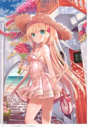 Rule 34 | 1girl, absurdres, aqua eyes, artist name, bag, bare shoulders, blonde hair, blue sky, blush, bow, breasts, choker, closed mouth, cloud, cloudy sky, day, dress, flower, hair ornament, hat, highres, holding, long hair, looking at viewer, medium breasts, melonbooks, ocean, outdoors, page number, scan, short dress, simple background, sky, smile, solo, strapless, strapless dress, straw hat, water, white dress, yuuki rika