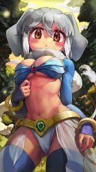 Rule 34 | 1girl, absurdres, animal ears, bangle, blush, bracelet, breasts, brown eyes, cameltoe, chestnut mouth, cleavage, commentary, contrapposto, elephant ears, elephant tail, foliage, from below, gradient sky, grey hair, highres, indian elephant (kemono friends), jewelry, kemono friends, large breasts, looking at viewer, melaton, navel, open mouth, outdoors, petite, revealing clothes, see-through, shrug (clothing), sky, solo, thighhighs, yellow sky