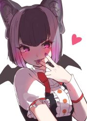 Rule 34 | 1girl, :p, animal ears, bat ears, bat girl, bat wings, black hair, blush, bow, bowtie, center frills, chicha (chi cha rigbo), collared shirt, commentary request, common vampire bat (kemono friends), finger to tongue, frills, heart, highres, kemono friends, kemono friends 3, multicolored hair, nail polish, puffy short sleeves, puffy sleeves, purple eyes, purple hair, purple nails, red bow, red bowtie, shirt, short hair, short sleeves, sleeve cuffs, solo, tongue, tongue out, two-tone hair, v, white sleeves, wings