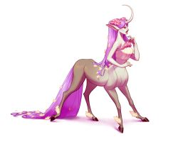 Rule 34 | 1girl, animal ears, bare shoulders, breasts, centaur, centauroid, clouded-3d, commentary, english commentary, closed eyes, flower, from side, full body, hair flower, hair ornament, horns, long hair, medium breasts, midriff, navel, neopets, personification, profile, purple hair, shirt, simple background, single horn, standing, taur, uni (neopets), white background