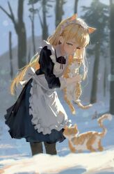 Rule 34 | 1girl, absurdres, animal, animal ears, apron, black dress, black pantyhose, blonde hair, cat, cat ears, collared dress, commentary request, dress, highres, holding, holding animal, holding cat, kh4c, long hair, maid, maid apron, maid headdress, neck ribbon, original, pantyhose, red ribbon, ribbon, snow, white apron, winter, yellow eyes
