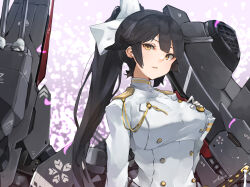 Rule 34 | 1girl, azur lane, black hair, bow, breasts, gloves, hair bow, hand on own chest, highres, large breasts, long hair, long sleeves, looking at viewer, military, military uniform, ponytail, rigging, simple background, solo, sunday aki, takao (azur lane), turret, uniform, very long hair, white bow, white gloves, yellow eyes