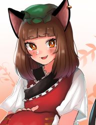 Rule 34 | 1girl, :d, animal ears, blunt bangs, blush, breasts, bright pupils, brown eyes, brown hair, cat ears, cat tail, chen, dress, earrings, fang, foul detective satori, frills, hat, highres, jewelry, kashiwara mana, leaf, leaf background, looking at viewer, medium breasts, medium hair, mob cap, open mouth, red dress, simple background, single earring, smile, solo, tail, touhou, upper body, white background