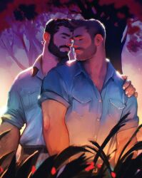 Rule 34 | 2boys, arm hair, bara, beard, black hair, brown hair, closed eyes, collared shirt, couple, ego rodriguez (egothego), facial hair, forehead-to-forehead, from below, full beard, hand on another&#039;s shoulder, heads together, male focus, mature male, multiple boys, original, outdoors, plant, shirt, short hair, thick beard, thick eyebrows, tree, under tree, yaoi