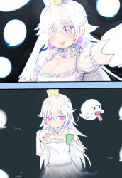 Rule 34 | 1girl, :p, absurdres, blush, boo (mario), breast padding, cellphone, crown, dress, earrings, frilled dress, frilled gloves, frills, frown, ghost, gloves, hair between eyes, highres, holding, holding phone, icarus (2010741), jewelry, long hair, luigi&#039;s mansion, mario (series), new super mario bros. u deluxe, nintendo, one eye closed, outstretched arm, pale skin, phone, princess king boo, puffy short sleeves, puffy sleeves, purple eyes, sad, selfie, sharp teeth, short sleeves, smartphone, smile, super crown, taking picture, teeth, tongue, tongue out, wavy mouth, white dress, white gloves, white hair