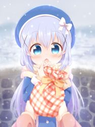 Rule 34 | 2girls, araki495, beret, blue coat, blue eyes, blue hair, blue headwear, blurry, blurry background, blush, brown scarf, chestnut mouth, coat, commentary request, depth of field, female pov, gochuumon wa usagi desu ka?, hair between eyes, hair ornament, hat, highres, holding, kafuu chino, long hair, long sleeves, multiple girls, open mouth, outstretched arm, pov, scarf, snow, snowing, solo focus, stone wall, very long hair, wall, x hair ornament