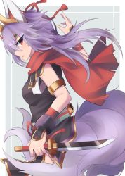 Rule 34 | 1girl, animal ears, armlet, bad id, bad pixiv id, breasts, cowboy shot, fox ears, fox tail, from side, holding, holding sword, holding weapon, horns, kitsune, kuon (shinrabanshou), kyuubi, looking at viewer, looking to the side, multiple tails, parted lips, pelvic curtain, profile, purple hair, red eyes, red scarf, sasa onigiri, scabbard, scarf, sheath, shinrabanshou, sleeveless, small breasts, solo, sword, tail, weapon