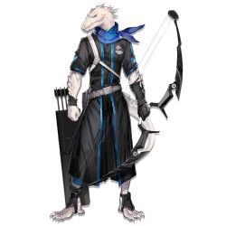 Rule 34 | 1boy, arknights, arrow (projectile), artist request, bandaged arm, bandages, black shirt, blood, blue sky, bow (weapon), closed eyes, clothes around waist, commentary request, full body, furry, furry male, jacket, jacket around waist, lizardman, male focus, mouth hold, no humans, non-web source, official art, rangers (arknights), scarf, shirt, sky, sleeveless, sleeveless shirt, solo, source request, weapon