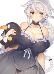 Rule 34 | 1girl, asymmetrical hair, babydoll, bad id, bad pixiv id, bare shoulders, black bow, black panties, blush, bow, braid, braided ponytail, breasts, choker, cleavage, collarbone, covered navel, failure penguin, frilled choker, frills, gluteal fold, hair bow, hip focus, huge breasts, jitome, kantai collection, long hair, panties, pokoten (pokoten718), puffy short sleeves, puffy sleeves, scrunchie, see-through, short sleeves, side-tie panties, simple background, single braid, smile, solo, underwear, unryuu (kancolle), very long hair, wavy hair, white background, white hair, wide hips, yellow eyes
