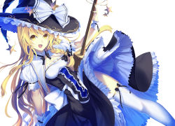 Rule 34 | 1girl, :d, apron, bad id, bad pixiv id, black bow, black dress, black hat, black ribbon, blonde hair, bow, braid, breasts, broom, center frills, cleavage, commentary request, dress, feet out of frame, frills, hair bow, hat, hat bow, holding, holding broom, kirisame marisa, long hair, looking at viewer, medium breasts, neck ribbon, open mouth, petticoat, puffy short sleeves, puffy sleeves, ribbon, short sleeves, simple background, single braid, smile, solo, star (symbol), thighhighs, thighs, touhou, vivo101, waist apron, white apron, white background, white bow, white thighhighs, witch hat, wrist cuffs, yellow eyes