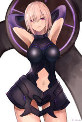 Rule 34 | 1girl, armor, armpits, arms behind head, bad id, bad pixiv id, breasts, elbow gloves, fate/grand order, fate (series), gloves, highres, looking at viewer, mash kyrielight, navel, purple eyes, purple gloves, purple hair, shield, smile, solo, yukihama