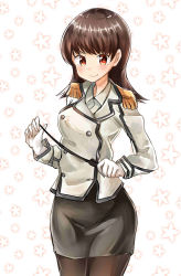 Rule 34 | 1girl, absurdres, alternate costume, black pantyhose, black skirt, blush, breasts, brown hair, collared shirt, commentary, cosplay, epaulettes, gloves, highres, holding, holding pointer, kantai collection, katori (kancolle), katori (kancolle) (cosplay), kazu (really in hot water now), long hair, looking at viewer, medium breasts, military, military uniform, ooi (kancolle), pantyhose, pointer, red eyes, shirt, skirt, smile, solo, standing, uniform, white gloves