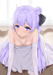 Rule 34 | 1girl, ahoge, areola slip, azur lane, bent over, blue eyes, breasts, cleavage, collarbone, commentary request, curtains, detached sleeves, dress, hair bun, hair ribbon, head tilt, highres, long hair, looking at viewer, one side up, parted lips, purple hair, r-paka, ribbon, side bun, sidelocks, single hair bun, single side bun, sitting, solo, unicorn (azur lane), wariza, white dress, white legwear, wooden floor