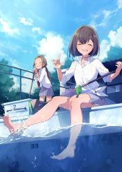 Rule 34 | 2girls, :d, ^ ^, animal, bandaid, bandaid on knee, bandaid on leg, bangs pinned back, bare legs, barefoot, bird, blue sky, blush, broom, brown hair, chain-link fence, cleaning brush, closed eyes, collared shirt, commentary request, day, dress shirt, feet, fence, happy, highres, holding, holding broom, index finger raised, lavender skirt, long hair, long sleeves, low twintails, multiple girls, open mouth, original, outdoors, partially underwater shot, pool, school uniform, shirt, short hair, sitting, sky, sleeves pushed up, smile, soaking feet, splashing, standing, tied shirt, twintails, u35, water, white shirt, wing collar
