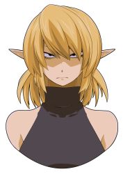 Rule 34 | 1girl, alternate eye color, bags under eyes, black eyes, black shirt, blonde hair, closed mouth, commentary request, expressionless, freckles, looking at viewer, mizuhashi parsee, pointy ears, shaded face, shirt, short hair, simple background, sleeveless, sleeveless shirt, solo, touhou, turtleneck, upper body, uraraku shimuni, white background