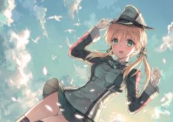 Rule 34 | 10s, 1girl, adjusting clothes, adjusting headwear, anchor hair ornament, arm up, bird, black thighhighs, blonde hair, blush, clothes lift, cowboy shot, cross, day, gloves, green eyes, hair ornament, hat, highres, hiten (hitenkei), iron cross, kantai collection, long hair, long sleeves, military, military uniform, open mouth, panties, pantyshot, peaked cap, prinz eugen (kancolle), seagull, skirt, skirt lift, sky, smile, solo, standing, thighhighs, twintails, underwear, uniform, white gloves, white panties, wind, wind lift