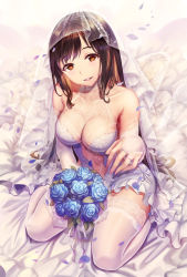 Rule 34 | 1girl, artist name, bare shoulders, bed sheet, blue flower, blue rose, blush, bouquet, breasts, bridal gauntlets, bridal veil, bride, brown eyes, brown hair, clothing cutout, collarbone, dress, elbow gloves, fingernails, flower, frilled dress, frills, glint, gloves, hand up, head tilt, highres, holding, holding bouquet, jewelry, lace, lace-trimmed dress, lace-trimmed gloves, lace-trimmed legwear, lace trim, lips, long hair, looking at viewer, looking up, maoh yueer, medium breasts, navel, navel cutout, original, ornate ring, parted lips, petals, ring, rose, see-through, shiny clothes, side cutout, signature, sitting, sleeveless, sleeveless dress, smile, solo, thighhighs, veil, wariza, wedding dress, wedding ring, white dress, white gloves, white thighhighs