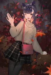 Rule 34 | 1girl, :d, alternate costume, artist name, autumn leaves, bag, black pantyhose, casual, character print, commentary, drowzzi, english commentary, falling leaves, fang, handbag, highres, hololive, hololive english, leaf, long hair, long sleeves, mole, mole under eye, ninomae ina&#039;nis, open mouth, pantyhose, pointy ears, ponytail, purple eyes, purple hair, shoulder bag, smile, solo, sweater, takodachi (ninomae ina&#039;nis), tentacle hair, virtual youtuber