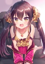 Rule 34 | 1girl, animal print, anoa, barefoot, blush, breasts, brown hair, cleavage, collarbone, commentary request, couch, hair ribbon, heart, heart necklace, highres, idolmaster, idolmaster cinderella girls, jacket, jewelry, leopard print, long hair, looking at viewer, matoba risa, necklace, off shoulder, open mouth, ribbon, small breasts, solo, strap slip, twintails, very long hair, yellow eyes