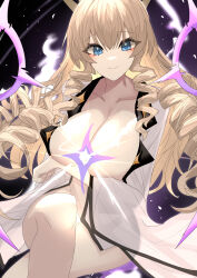 Rule 34 | 1girl, arm under breasts, blonde hair, blue eyes, breasts, closed mouth, collarbone, crossed legs, crown (naked king) (nikke), crown (nikke), diadem, drill hair, goddess of victory: nikke, hair ornament, headgear, large breasts, long hair, looking at viewer, open clothes, open shirt, shirt, sitting, smile, solo, weyas kayur, white shirt
