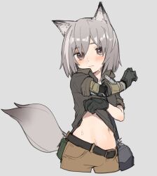 Rule 34 | 1girl, animal ear fluff, animal ears, arm across chest, belt, belt pouch, blush, brown eyes, brown shorts, clothes lift, collared shirt, cropped legs, emphasis lines, eyebrows hidden by hair, fox ears, fox girl, fox tail, gloves, grey background, grey hair, grey shirt, grey tail, groin, highres, jaana kettu, kpe934k0s282b2, looking at viewer, mechanical arms, midriff, navel, nervous, original, pouch, prosthesis, prosthetic arm, shirt, shirt lift, short hair, short shorts, short sleeves, shorts, simple background, single mechanical arm, sleeves rolled up, solo, sweat, tactical clothes, tail