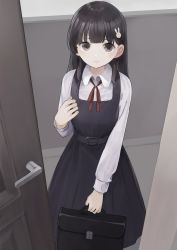 Rule 34 | 1girl, absurdres, bad id, bad pixiv id, black dress, black hair, blush, briefcase, brown eyes, closed mouth, collared shirt, commentary request, door, doorway, dress, hair ornament, highres, holding, long hair, long sleeves, looking at viewer, neck ribbon, open door, original, pinafore dress, rabbit hair ornament, red ribbon, ribbon, school briefcase, school uniform, shii (kairi-t-k0317), shirt, sleeveless, sleeveless dress, smile, solo, white shirt