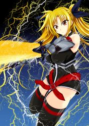 Rule 34 | 1girl, absurdres, bardiche (nanoha), bardiche (riot zanber stinger) (nanoha), bare shoulders, black bow, bow, breasts, energy, fate testarossa, fate testarossa (true sonic form), gauntlets, hair bow, highres, long hair, lyrical nanoha, mahou shoujo lyrical nanoha strikers, medium breasts, parted lips, red eyes, solo, thighhighs, thighs, twintails, w00l 09