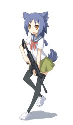 Rule 34 | 1girl, :d, animal ears, assault rifle, black thighhighs, blue hair, dog ears, dog tail, fang, galil ar (upotte!!), gun, highres, imi galil, open mouth, rifle, sai (bankoru), school uniform, serafuku, simple background, skirt, smile, solo, tail, thighhighs, twintails, upotte!!, weapon, yellow eyes, zettai ryouiki