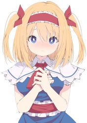 Rule 34 | 1girl, alice margatroid, alternate hairstyle, blonde hair, blue dress, blue eyes, blush, capelet, closed mouth, commission, dress, hair between eyes, hairband, highres, lolita hairband, looking at viewer, red hairband, short hair, simple background, skeb commission, solo, touhou, tsukimirin, two side up, upper body, white background, white capelet