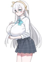 Rule 34 | 1girl, akitokage, alternate breast size, anastasia (fate), blue eyes, blush, breasts, collared shirt, dress shirt, fate/grand order, fate (series), hair over one eye, hairband, highres, huge breasts, long hair, long sleeves, looking at viewer, shirt, silver hair, skirt, solo, thighs, very long hair, white shirt